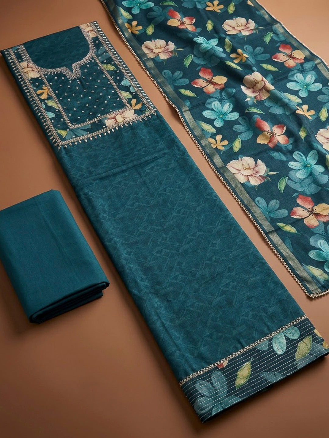 Blue Art Silk Printed Unstitched Dress Material