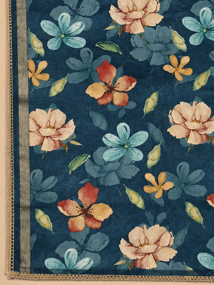 Blue Art Silk Printed Unstitched Dress Material