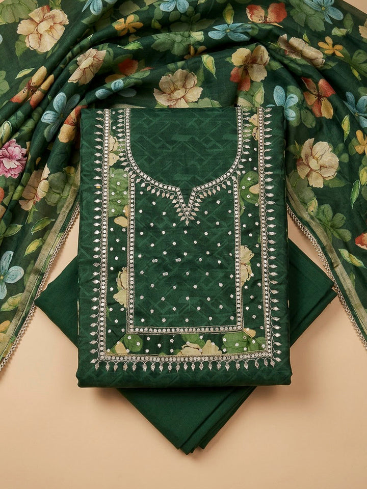 Bottle Green Art Silk Printed Unstitched Dress Material