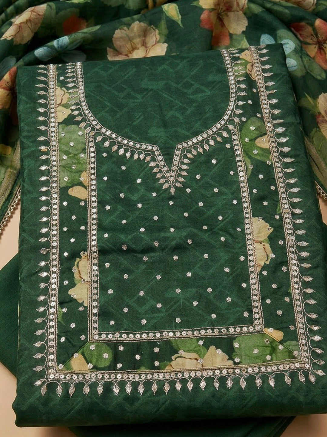 Bottle Green Art Silk Printed Unstitched Dress Material