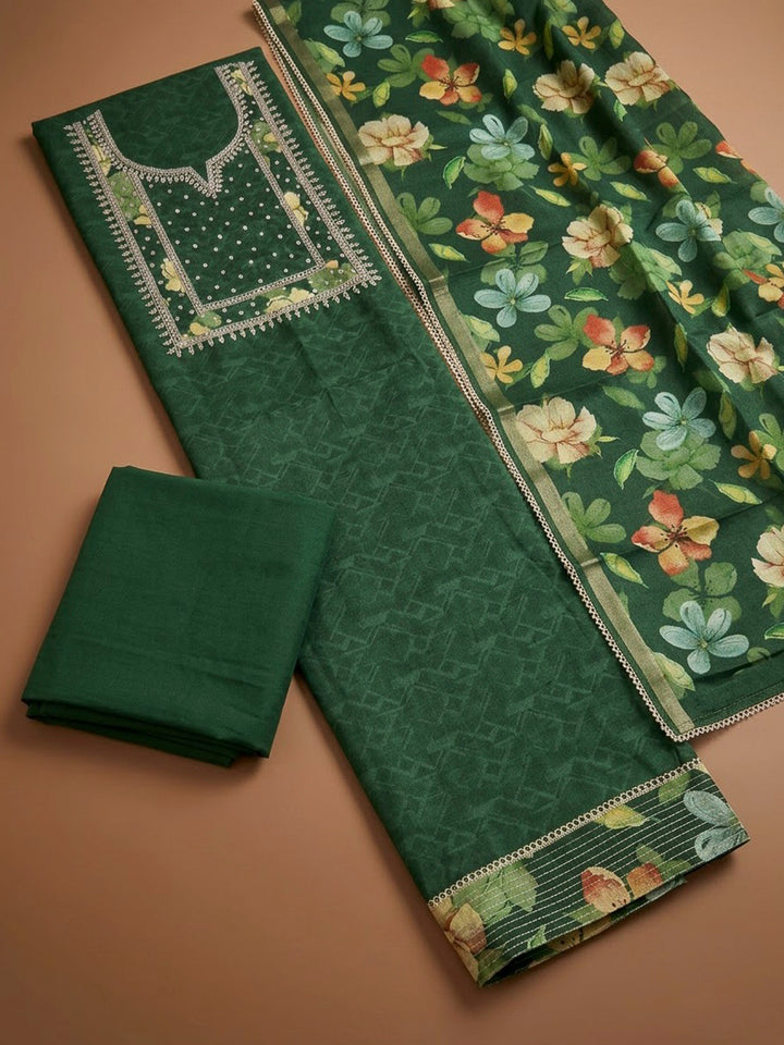 Bottle Green Art Silk Printed Unstitched Dress Material