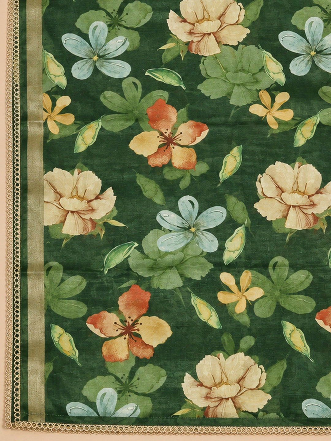 Bottle Green Art Silk Printed Unstitched Dress Material