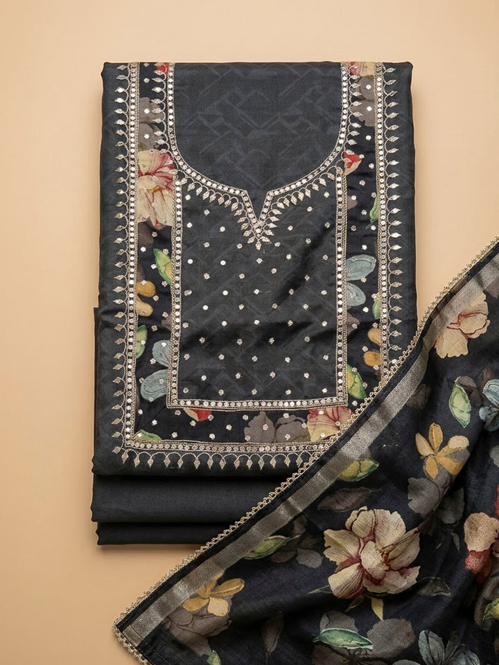 Grey Art Silk Printed Unstitched Dress Material