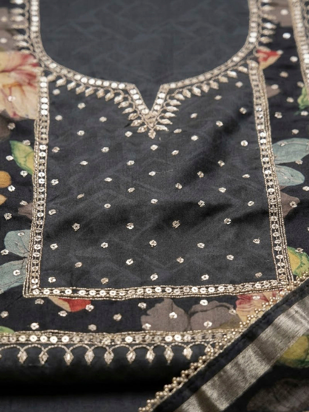 Grey Art Silk Printed Unstitched Dress Material