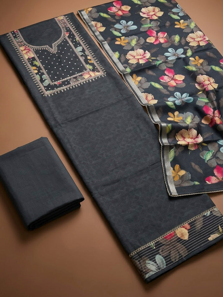 Grey Art Silk Printed Unstitched Dress Material
