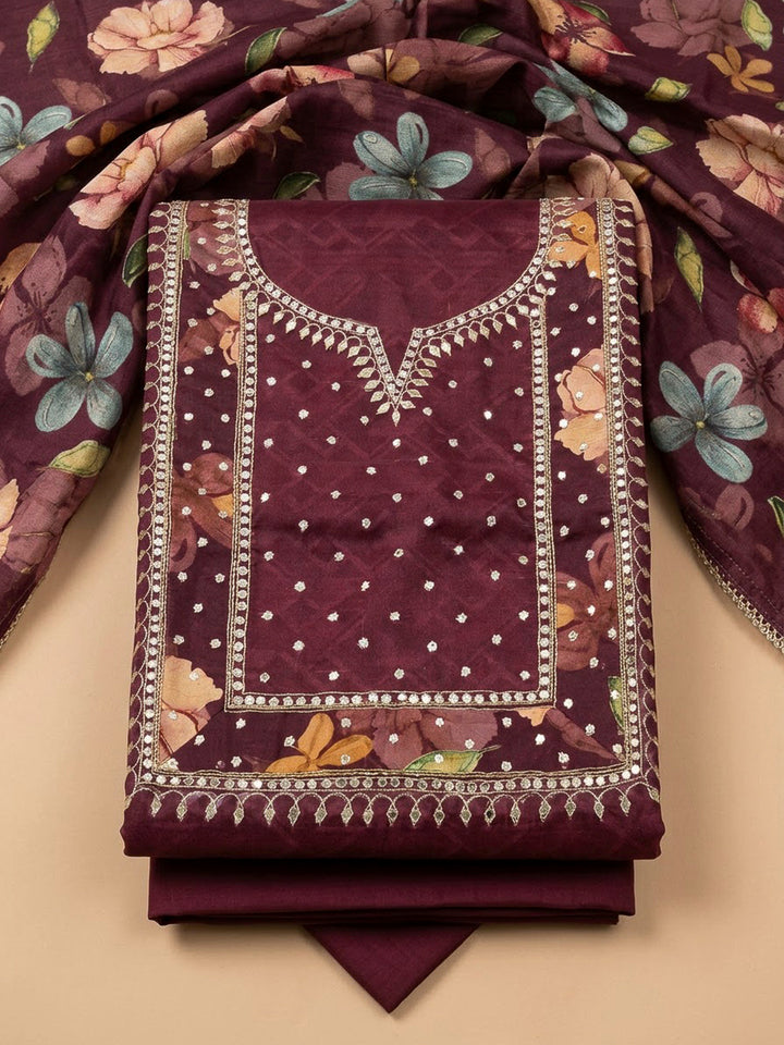 Wine Art Silk Printed Unstitched Dress Material