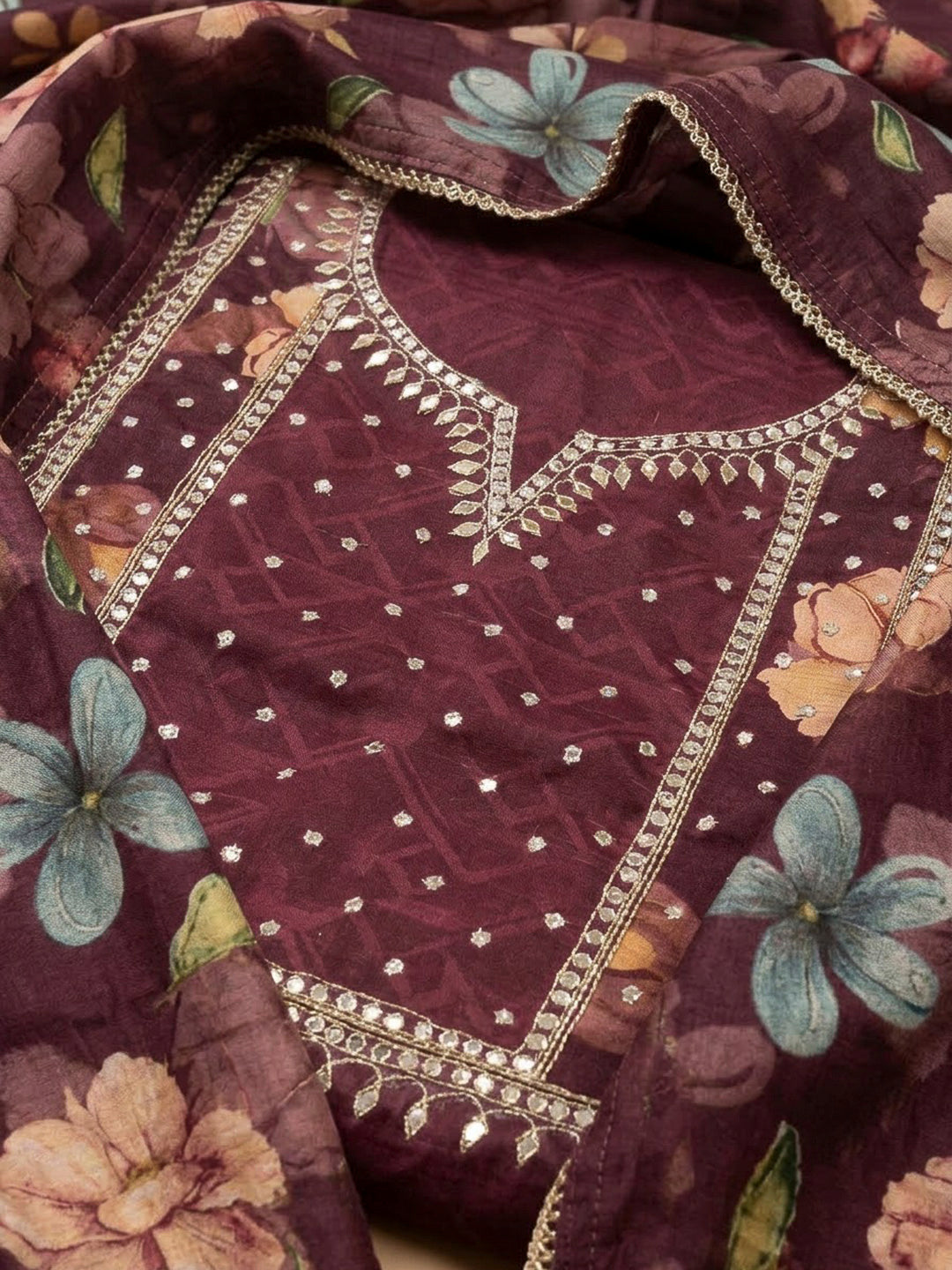 Wine Art Silk Printed Unstitched Dress Material