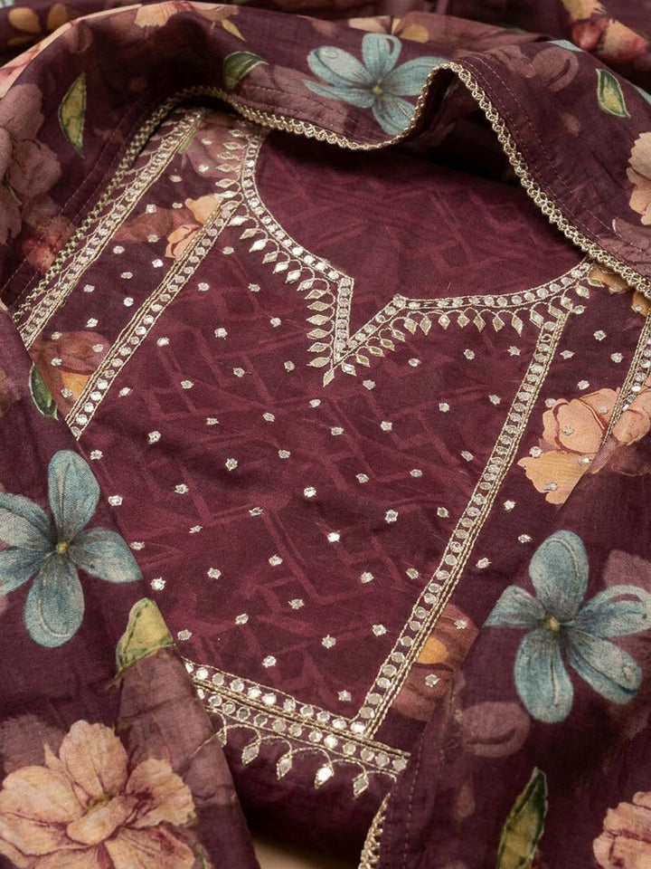 Wine Art Silk Printed Unstitched Dress Material