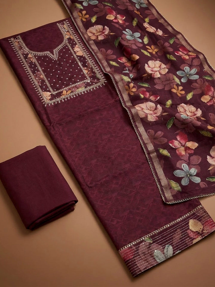 Wine Art Silk Printed Unstitched Dress Material