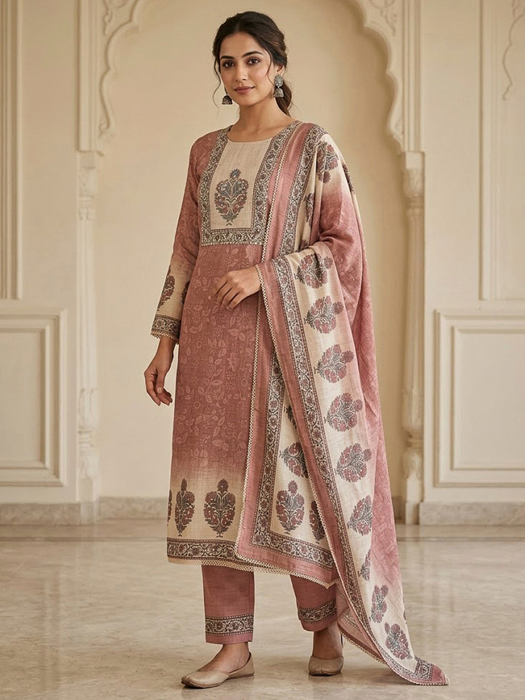 Peach Chanderi Embroidered Unstitched Dress Material