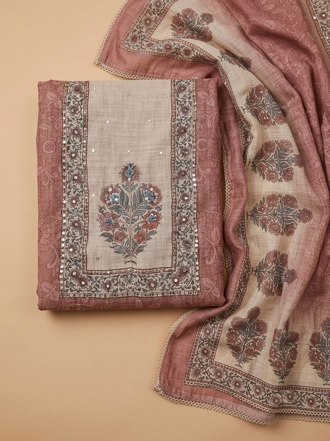 Peach Chanderi Embroidered Unstitched Dress Material
