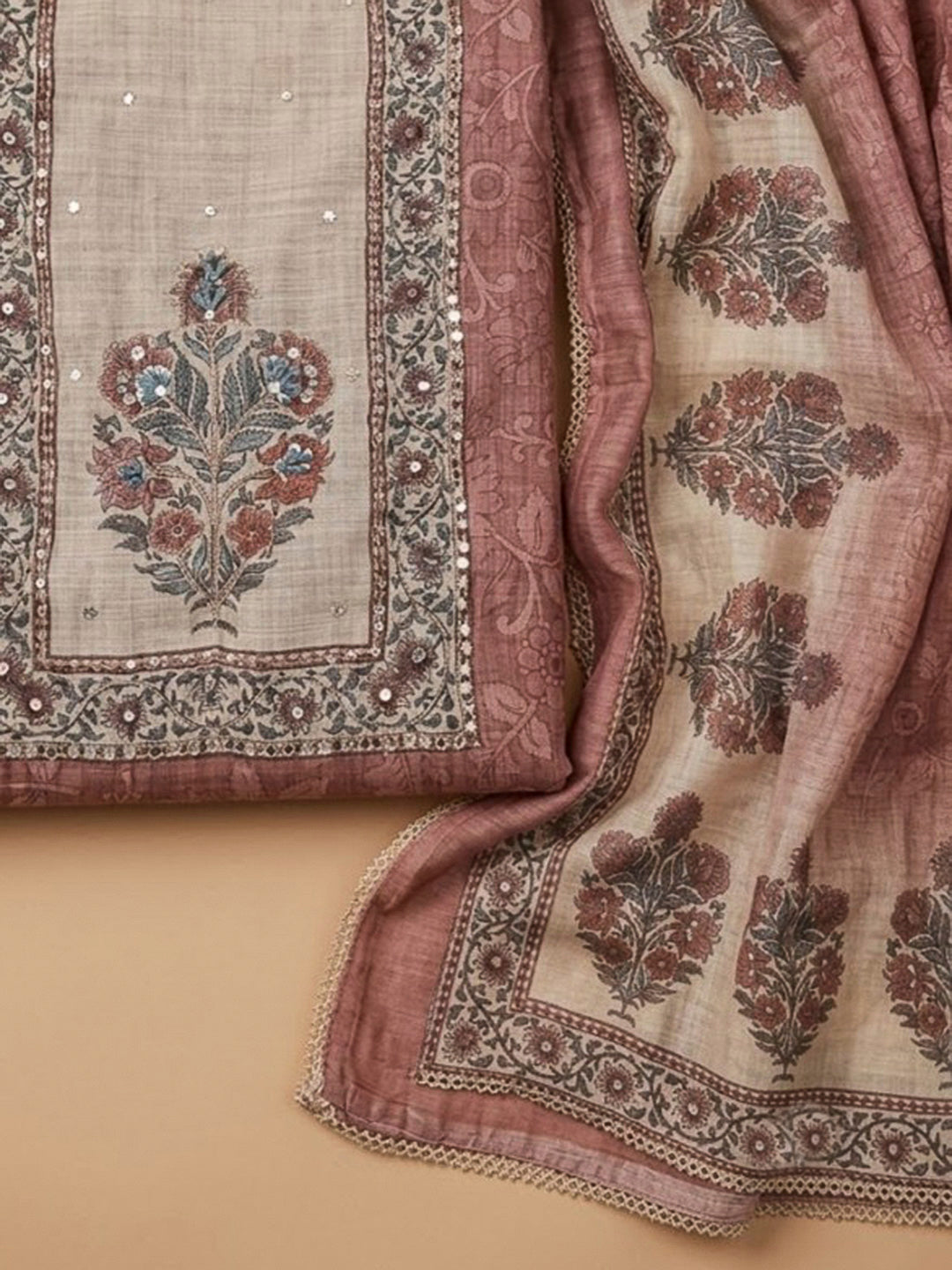 Peach Chanderi Embroidered Unstitched Dress Material