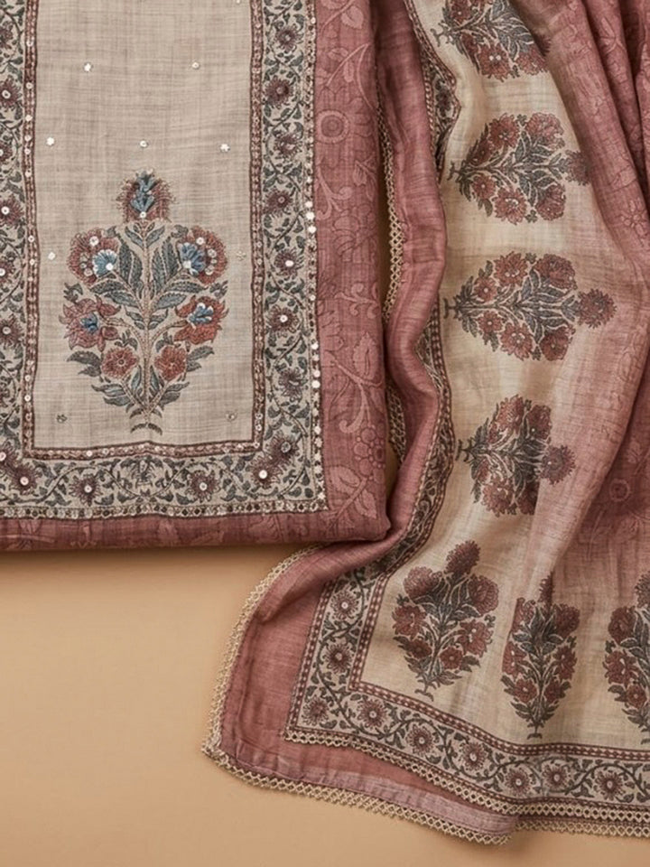 Peach Chanderi Embroidered Unstitched Dress Material