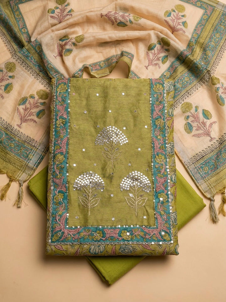 Mehndi Chanderi Embroidered Unstitched Dress Material