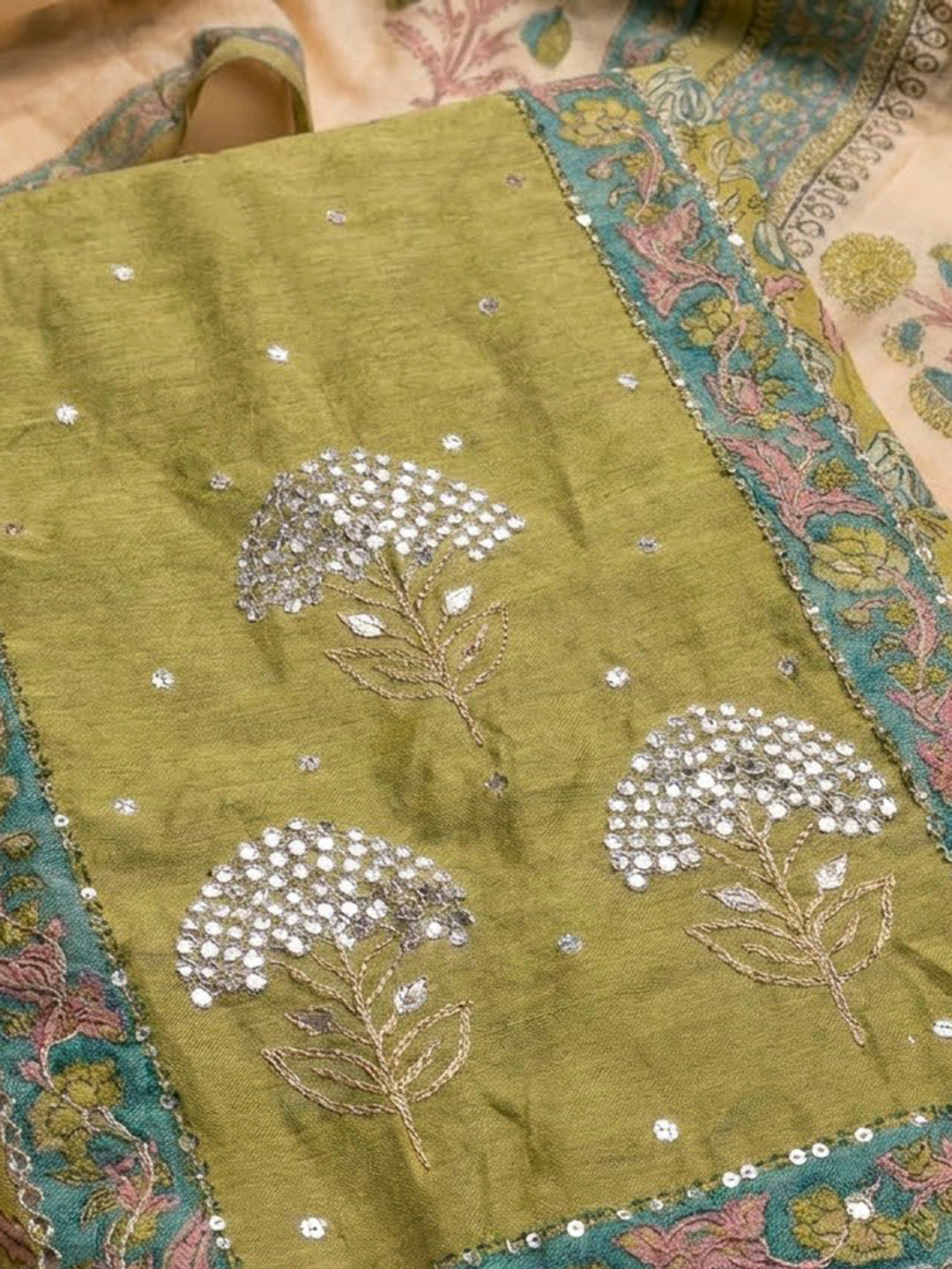 Mehndi Chanderi Embroidered Unstitched Dress Material