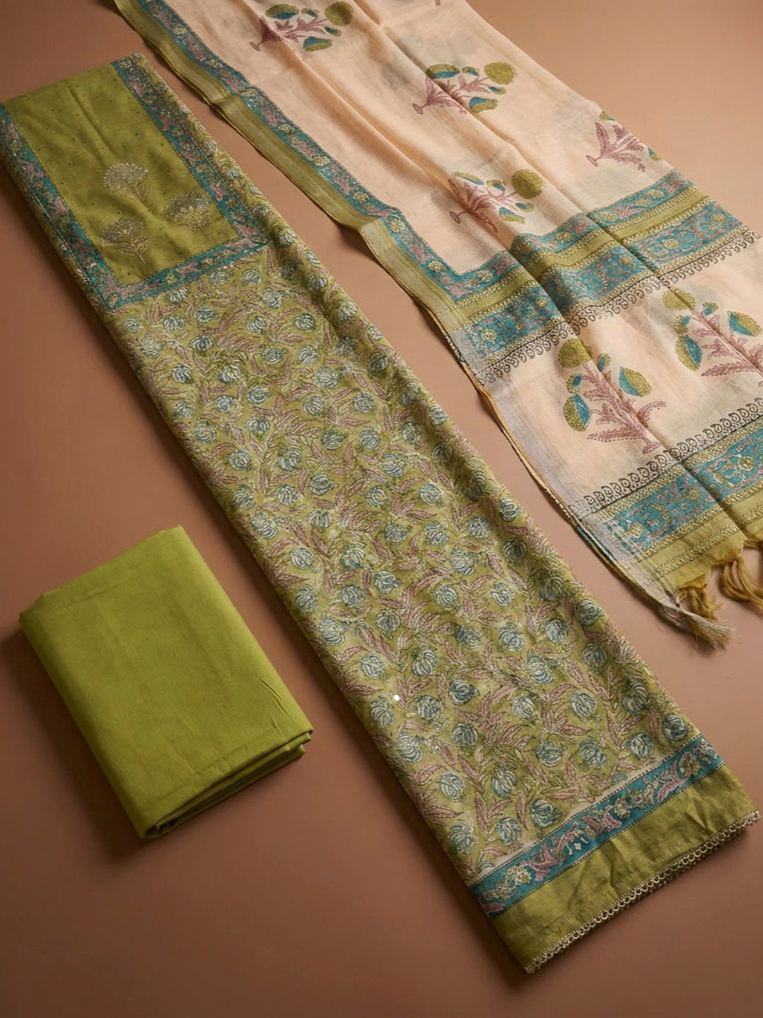 Mehndi Chanderi Embroidered Unstitched Dress Material