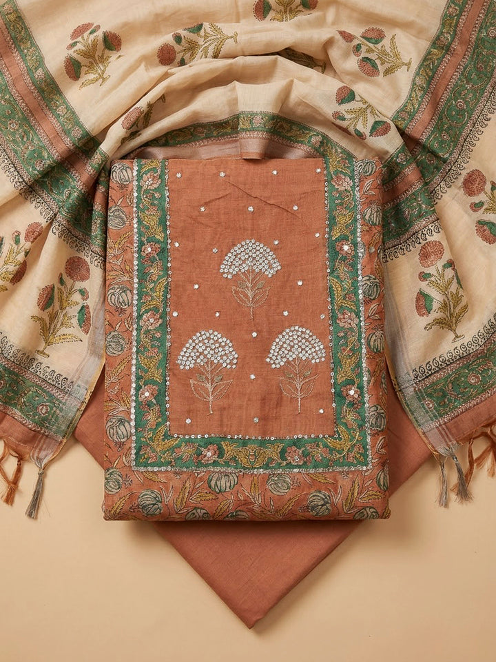 Rust Chanderi Embroidered Unstitched Dress Material