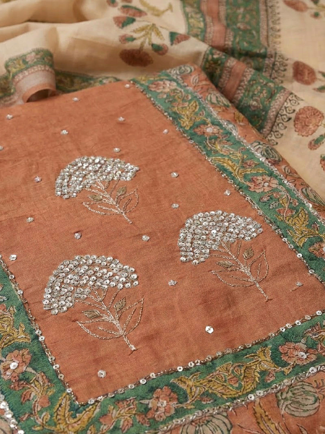 Rust Chanderi Embroidered Unstitched Dress Material