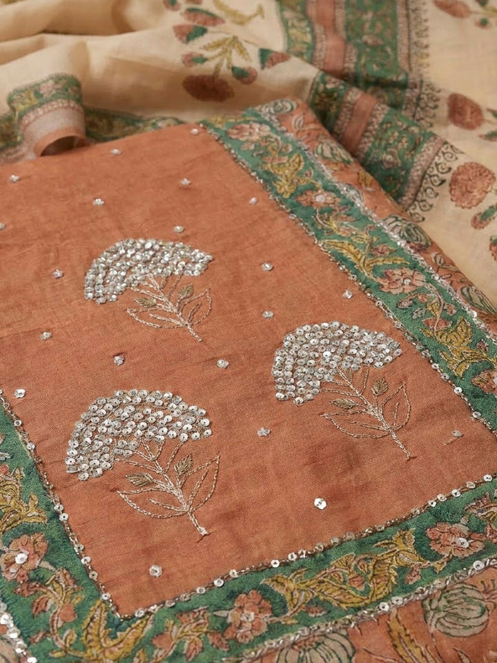 Rust Chanderi Embroidered Unstitched Dress Material