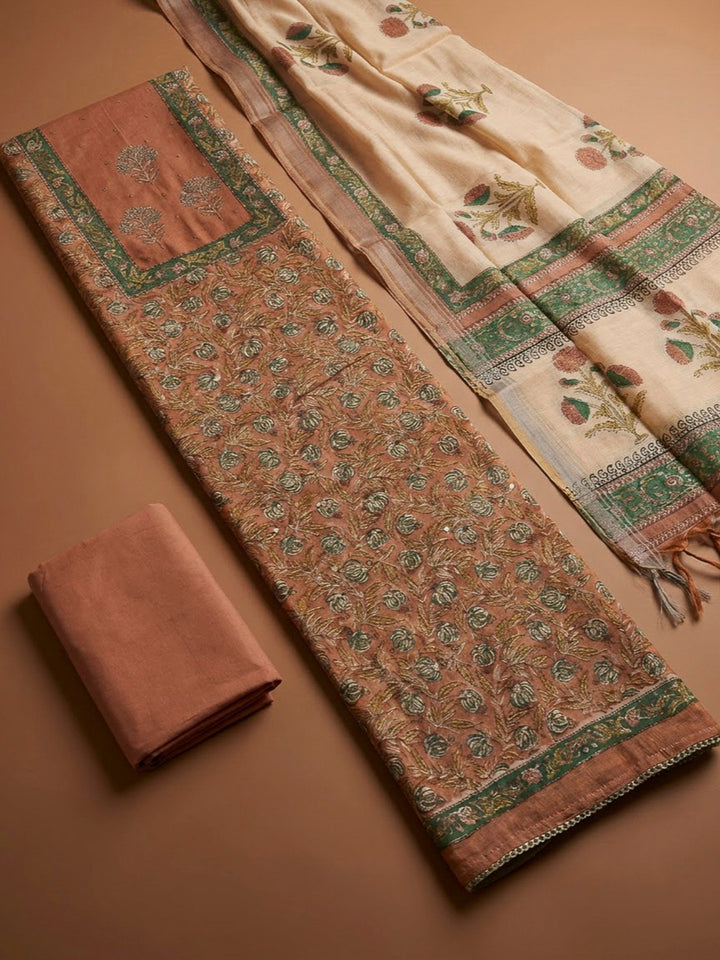 Rust Chanderi Embroidered Unstitched Dress Material