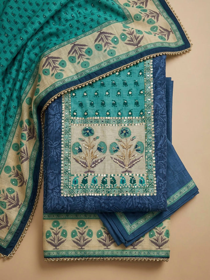 Blue Chanderi Embroidered Unstitched Dress Material