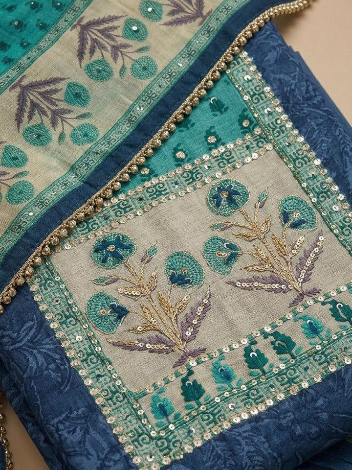 Blue Chanderi Embroidered Unstitched Dress Material