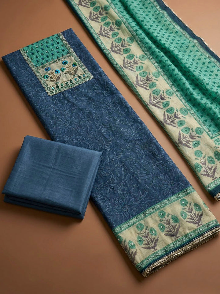 Blue Chanderi Embroidered Unstitched Dress Material