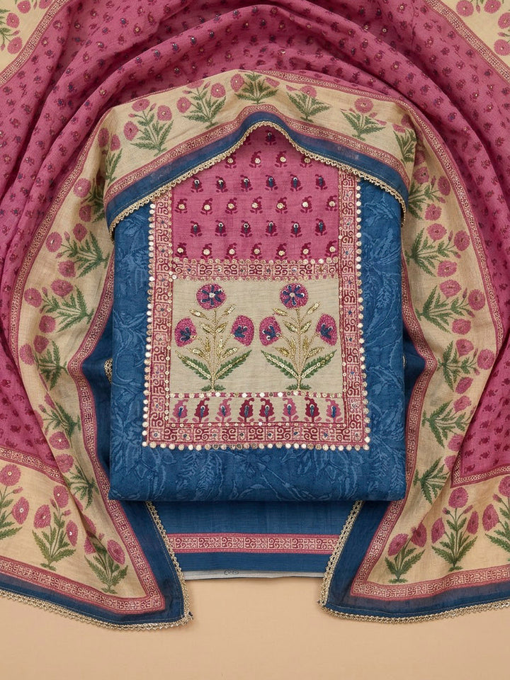 Blue Chanderi Embroidered Unstitched Dress Material