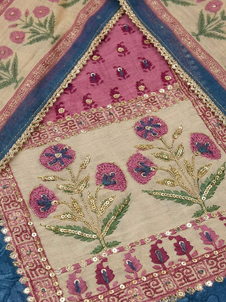 Blue Chanderi Embroidered Unstitched Dress Material