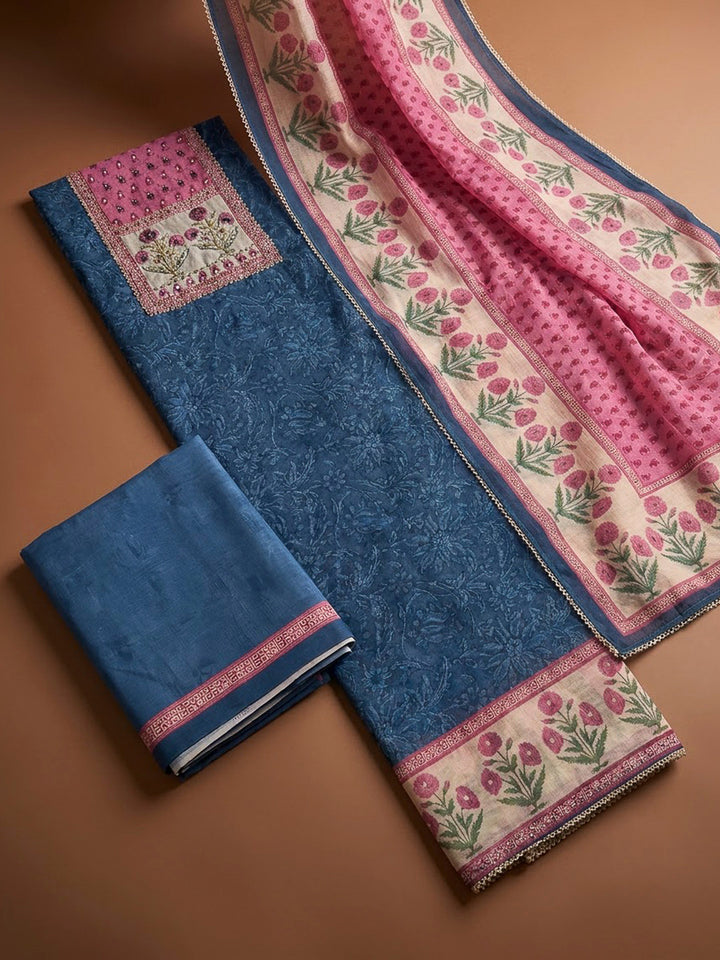Blue Chanderi Embroidered Unstitched Dress Material