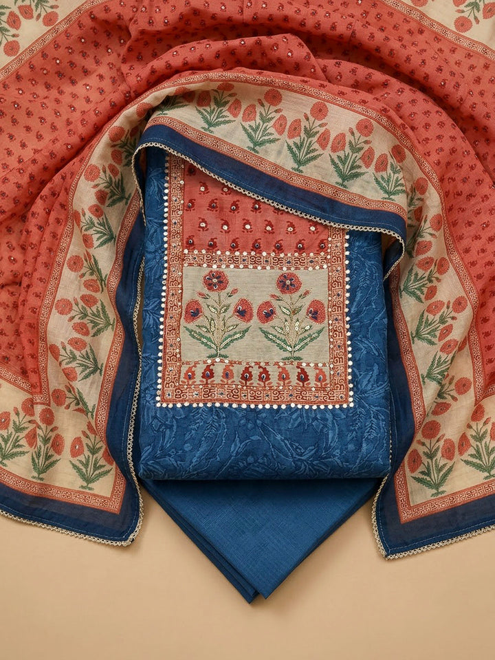 Blue Chanderi Embroidered Unstitched Dress Material