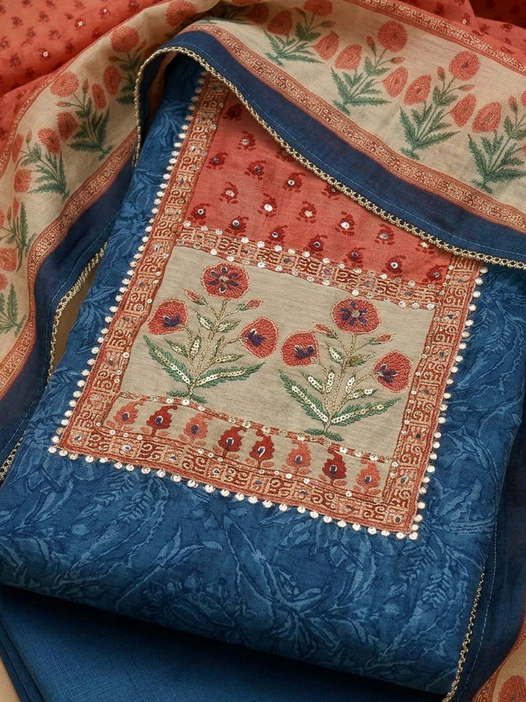 Blue Chanderi Embroidered Unstitched Dress Material