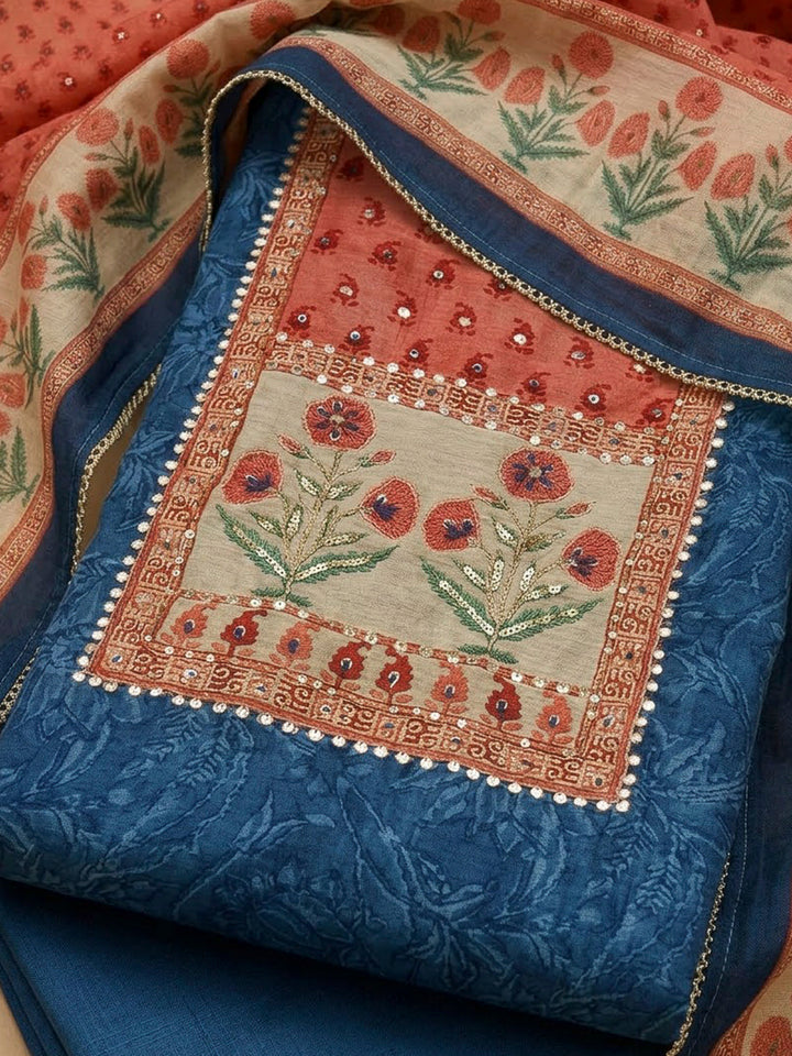 Blue Chanderi Embroidered Unstitched Dress Material