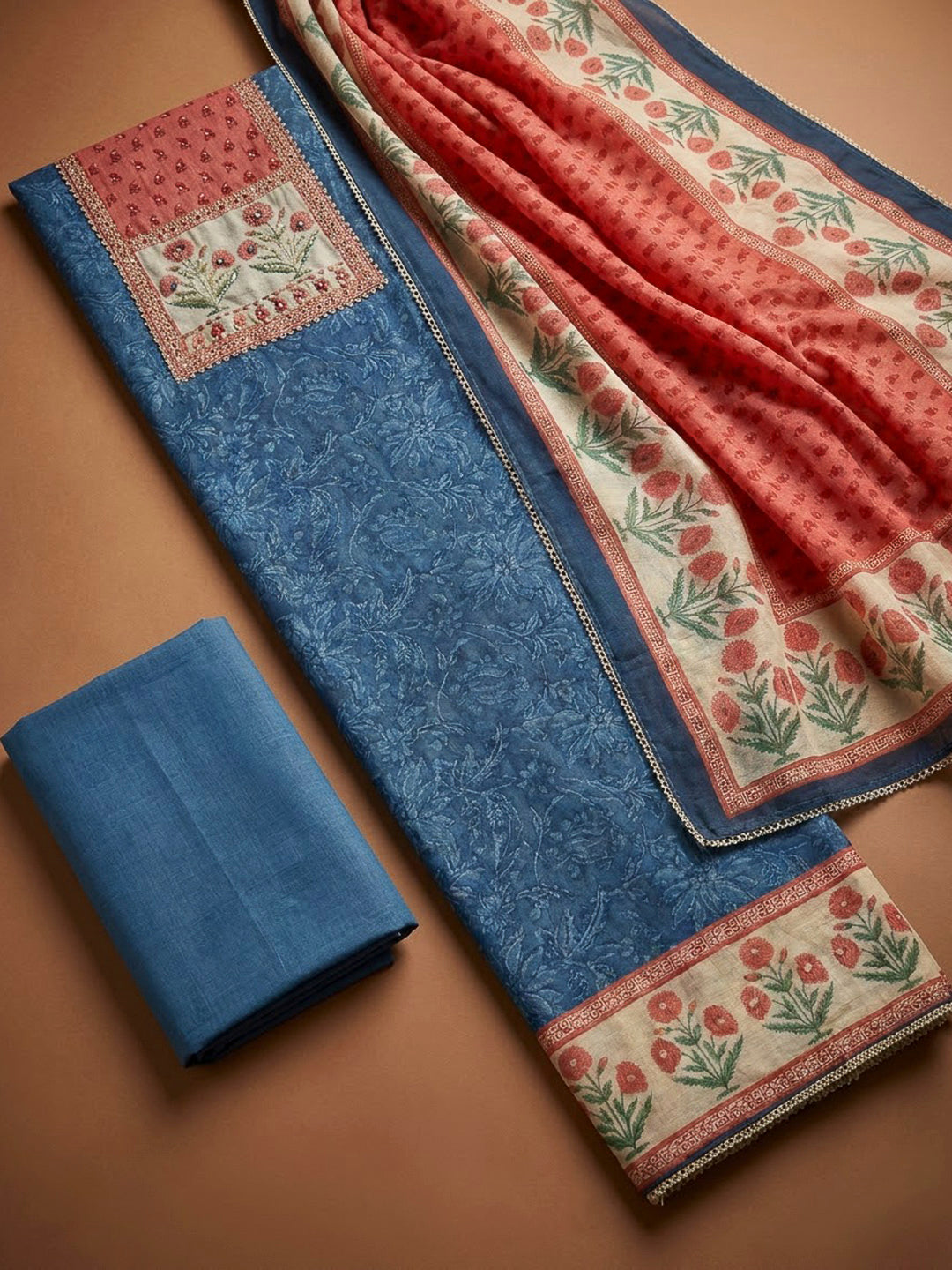 Blue Chanderi Embroidered Unstitched Dress Material