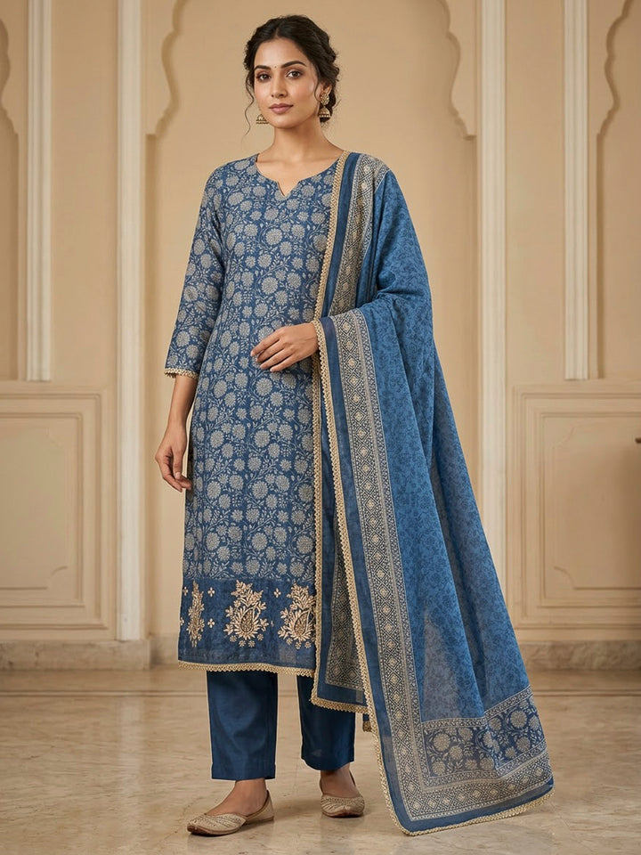 Blue Chanderi Printed Unstitched Dress Material