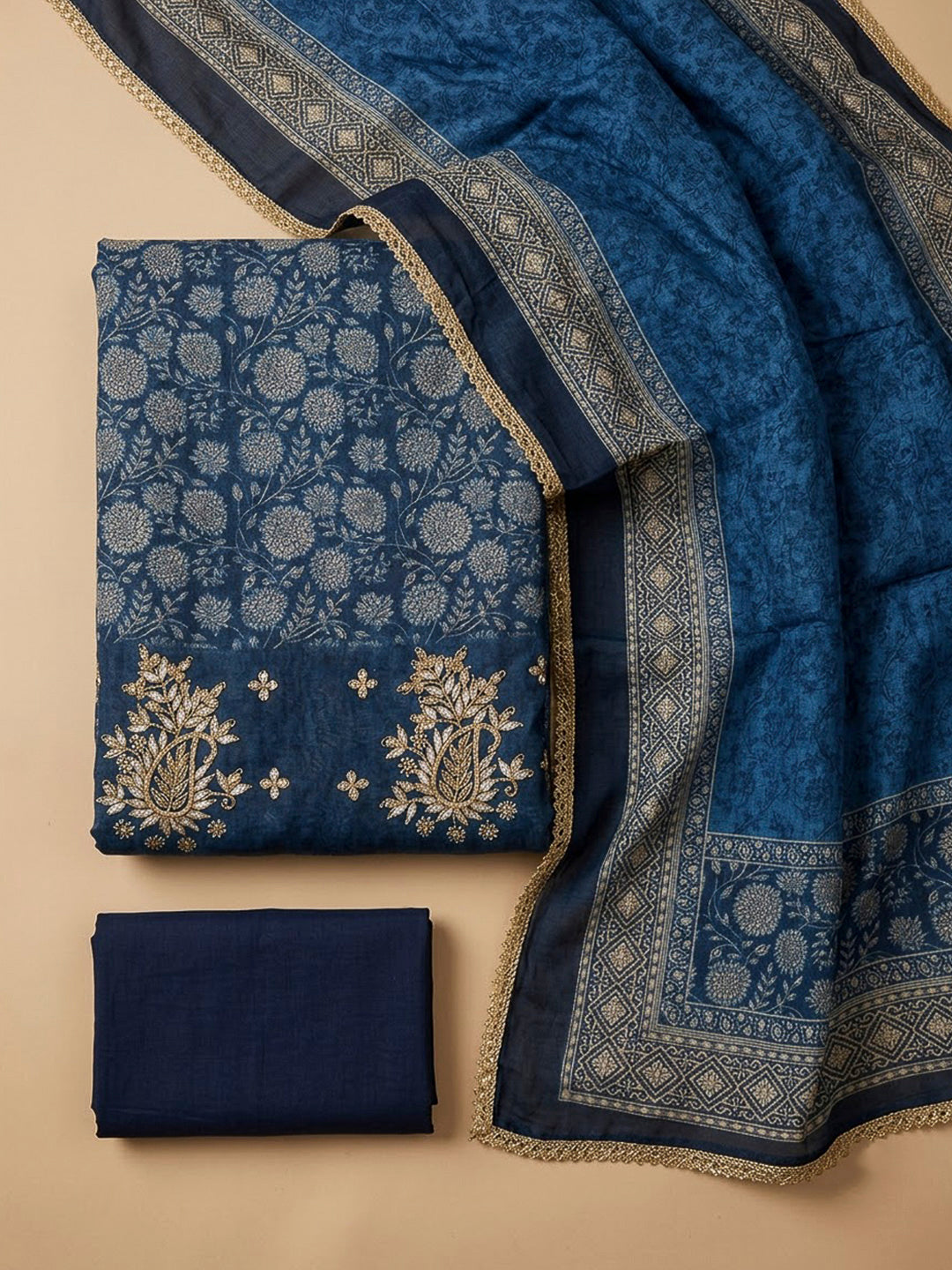 Blue Chanderi Printed Unstitched Dress Material