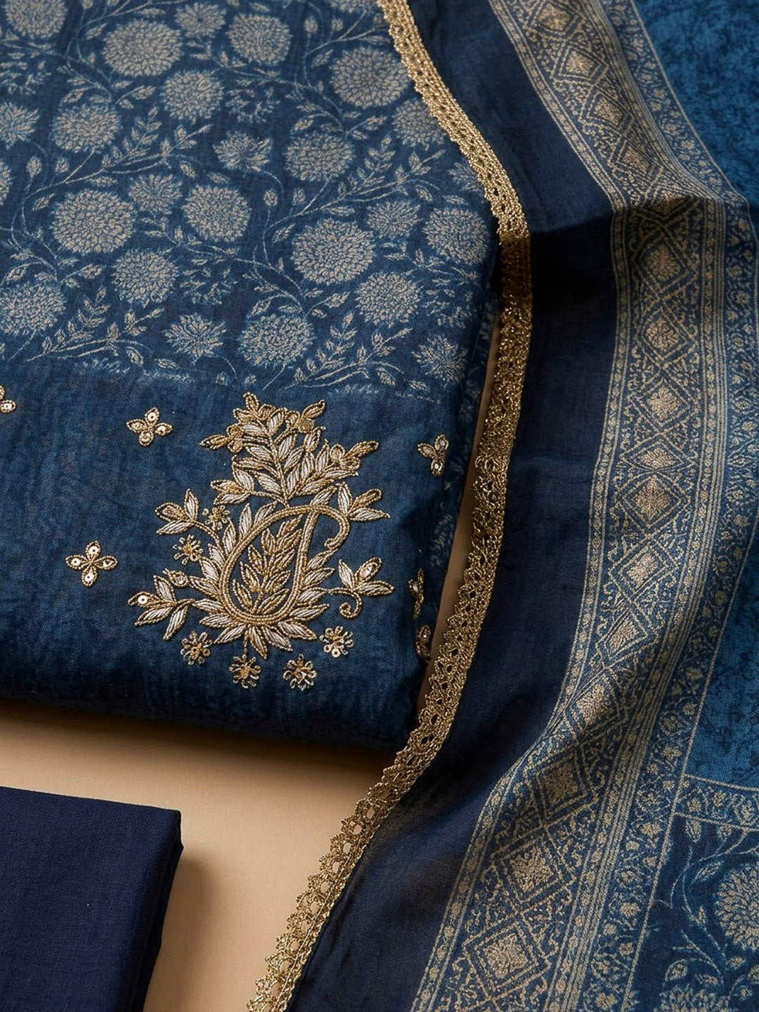 Blue Chanderi Printed Unstitched Dress Material