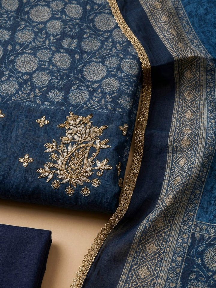 Blue Chanderi Printed Unstitched Dress Material