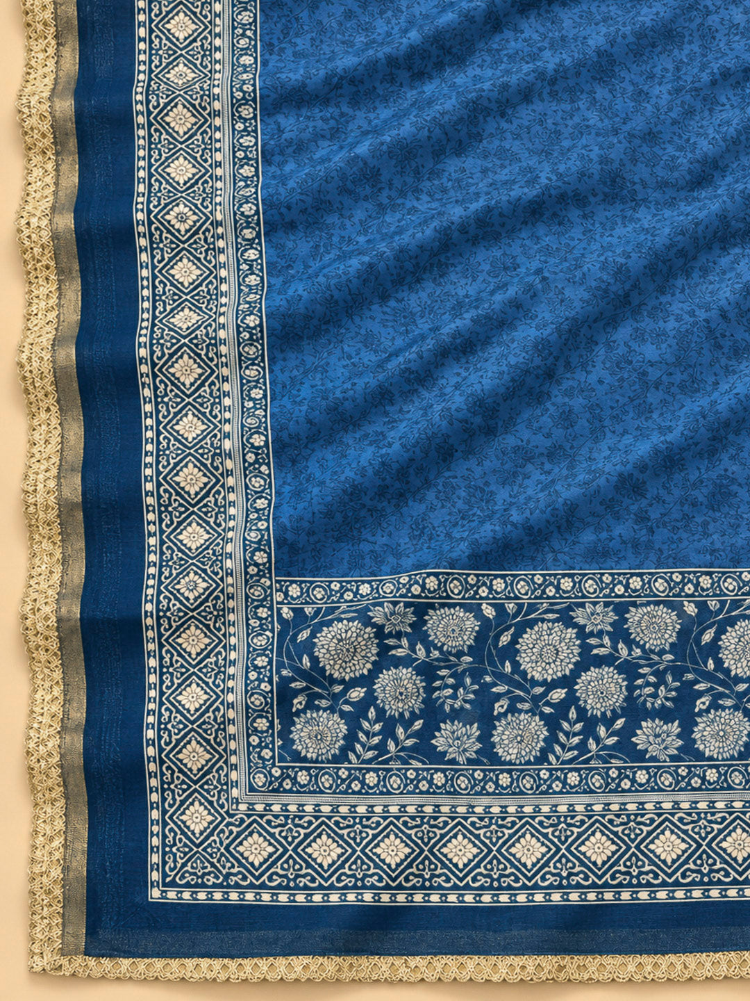 Blue Chanderi Printed Unstitched Dress Material