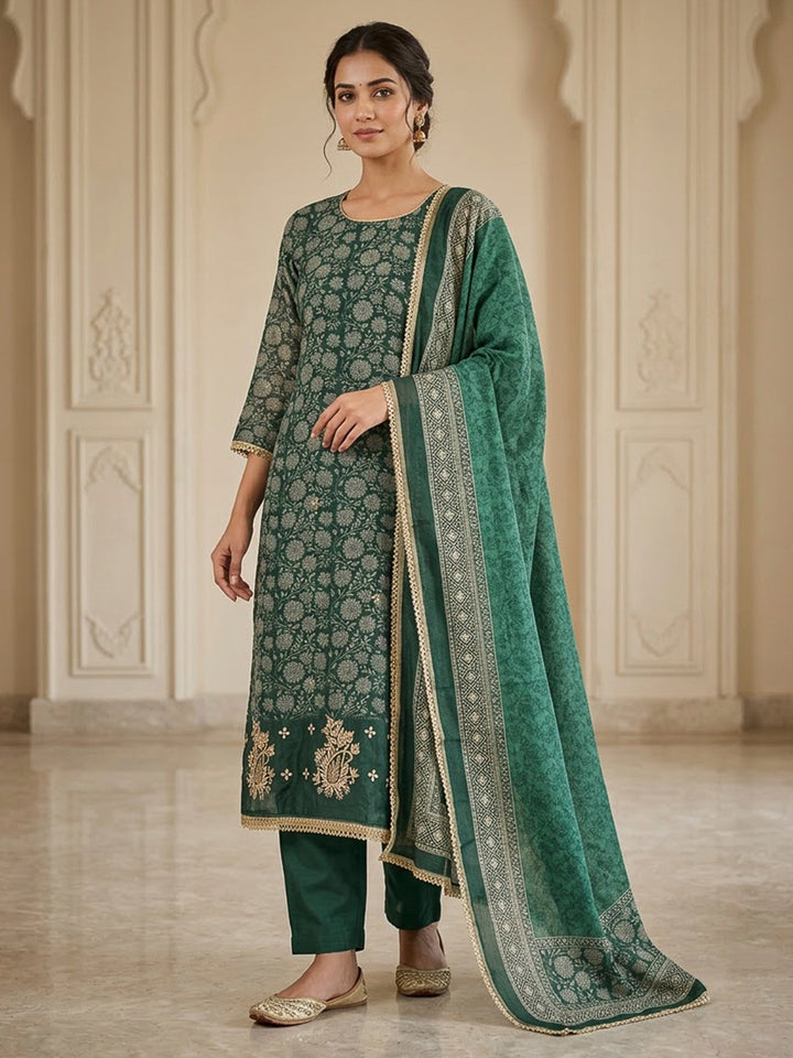 Green Chanderi Printed Unstitched Dress Material