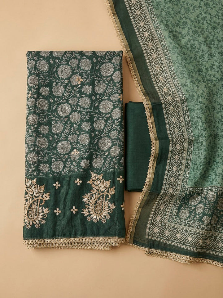 Green Chanderi Printed Unstitched Dress Material
