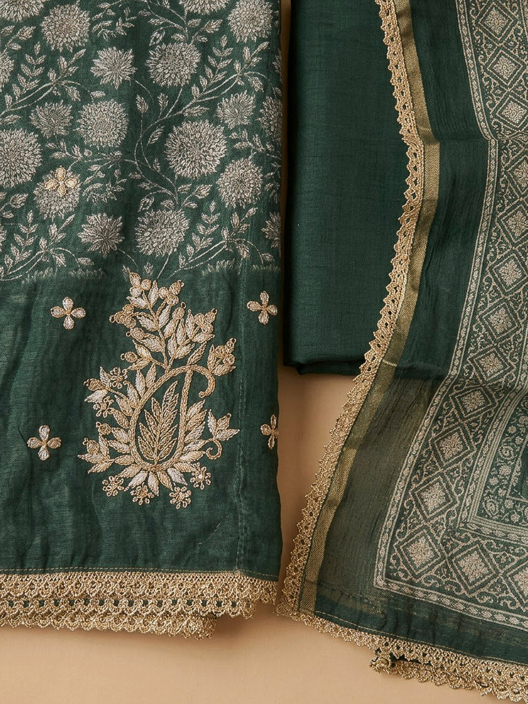 Green Chanderi Printed Unstitched Dress Material