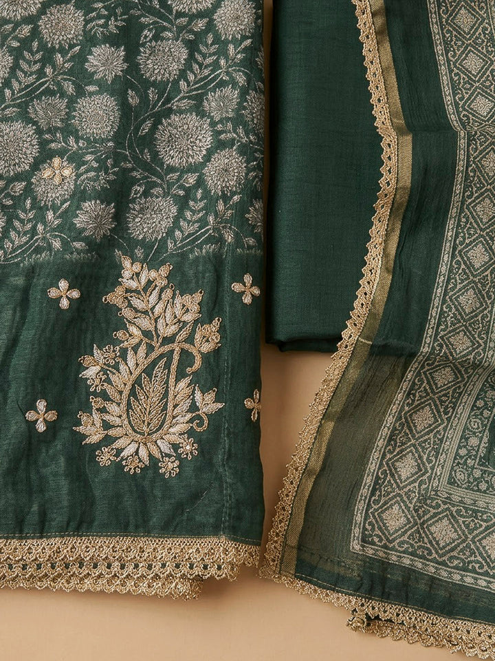 Green Chanderi Printed Unstitched Dress Material