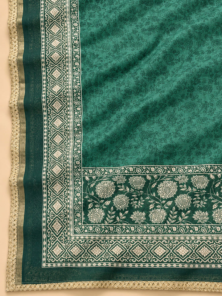 Green Chanderi Printed Unstitched Dress Material
