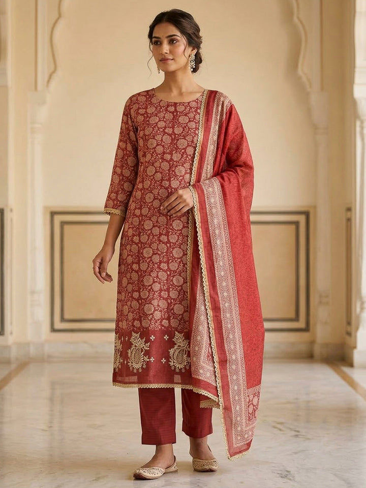 Red Chanderi Printed Unstitched Dress Material