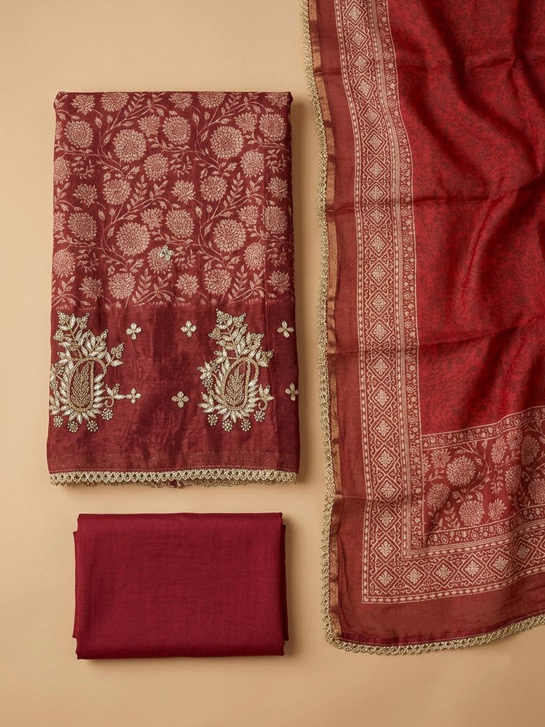 Red Chanderi Printed Unstitched Dress Material