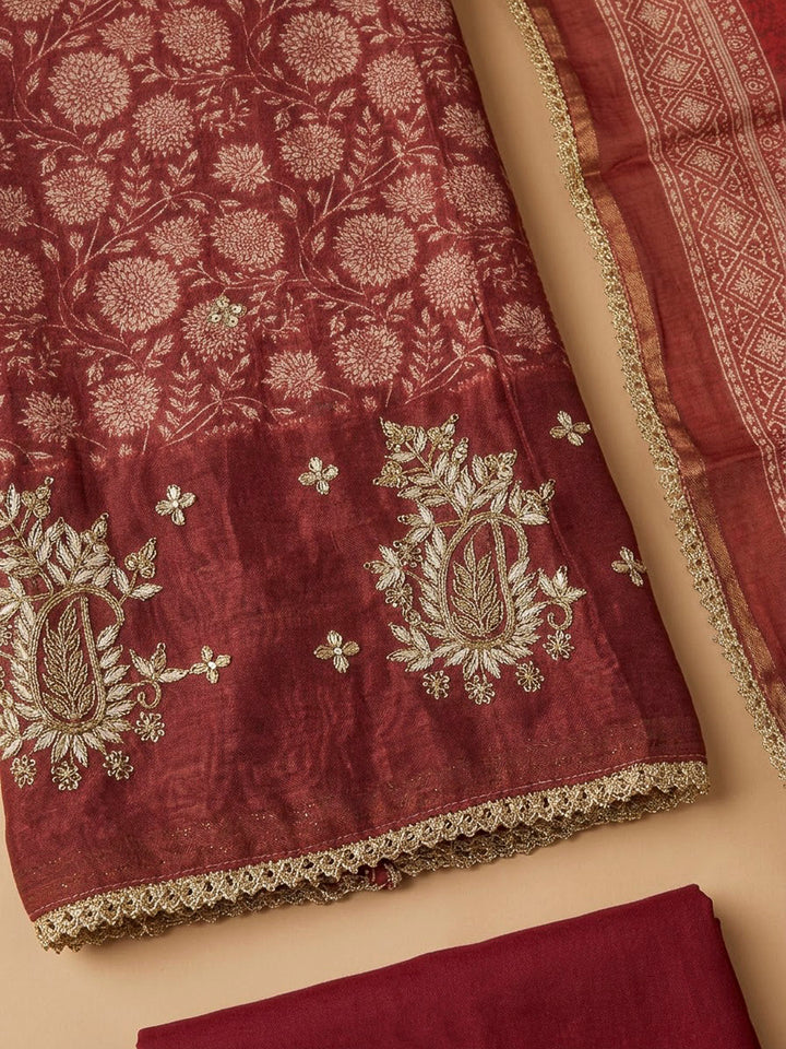 Red Chanderi Printed Unstitched Dress Material