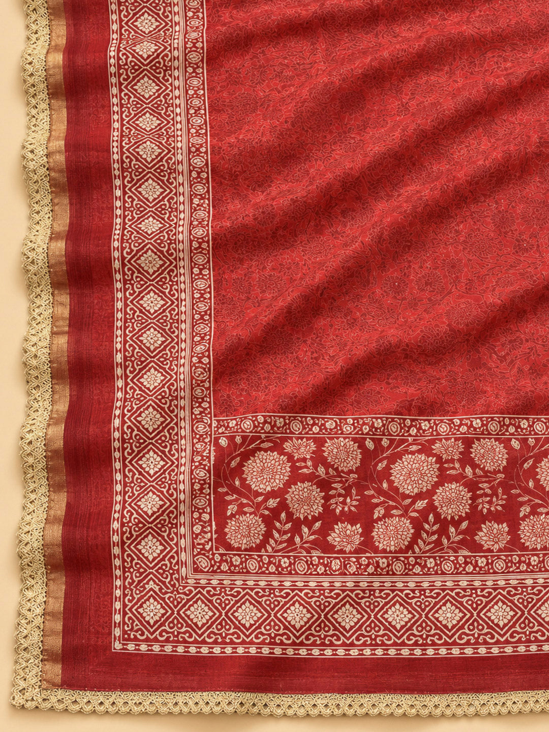 Red Chanderi Printed Unstitched Dress Material