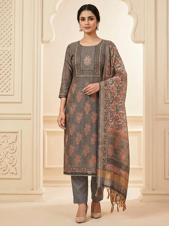 Grey Chanderi Embroidered Unstitched Dress Material