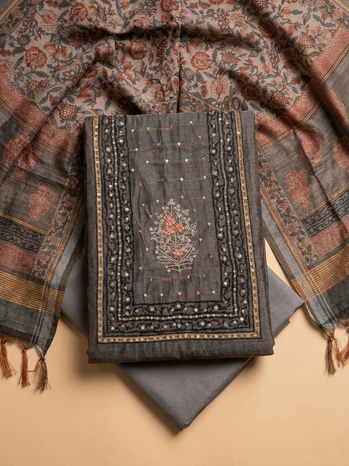Grey Chanderi Embroidered Unstitched Dress Material